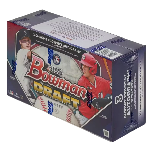 Box of 2025 Bowman Draft baseball trading card pack with player images and branding.