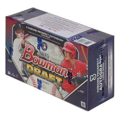 Box of 2025 Bowman Draft baseball trading card pack with player images and branding.