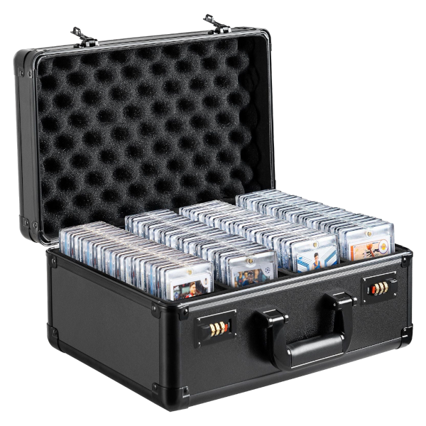Black hard-shell case with compartments filled with trading cards on a white background