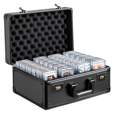 Black hard-shell case with compartments filled with trading cards on a white background