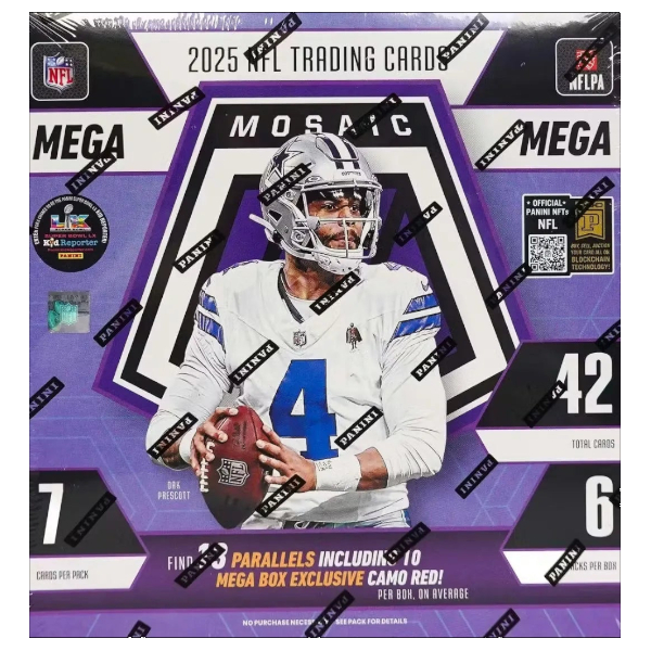 2025 NFL trading card packaging with a football player on a purple background