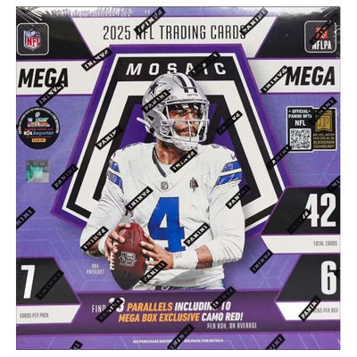 2025 NFL trading card packaging with a football player on a purple background